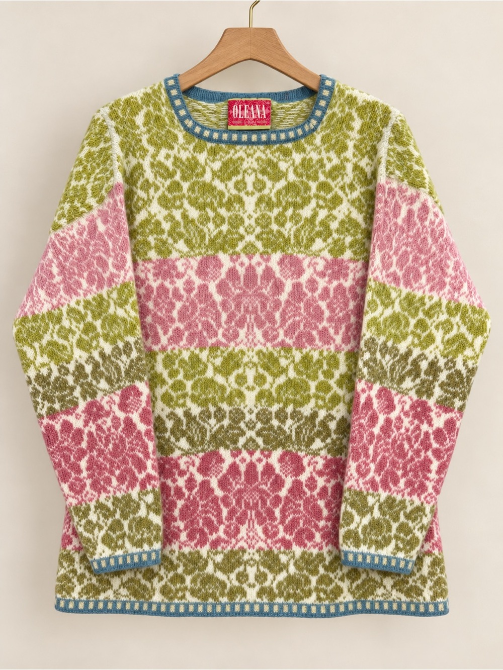 Olevy Green & Pink Patterned Crewneck Sweater